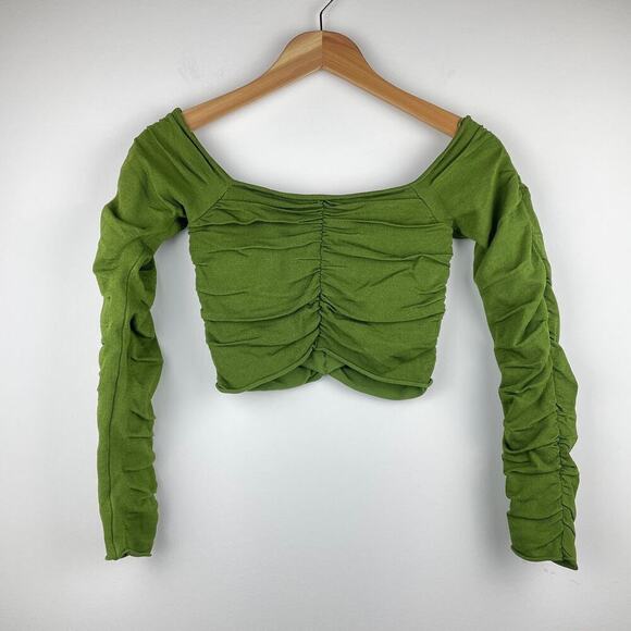 Zara Green Long Sleeved Ruched Crop Top - Size S - Picture 2 of 7